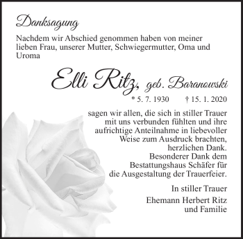 Traueranzeige von Elli Ritz von Südthüringer Presse