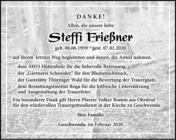 Traueranzeige von Steffi Frießner von Südthüringer Presse
