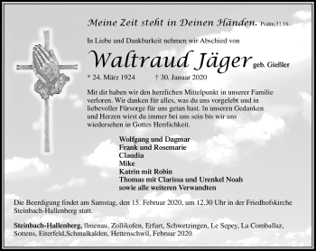 Traueranzeige von Waltraud Jäger von Südthüringer Presse