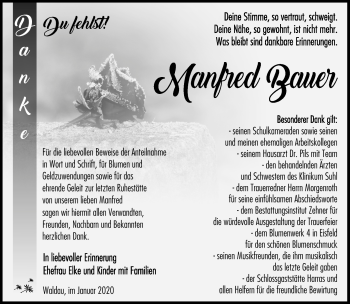 Traueranzeige von Manfred Bauer von Südthüringer Presse