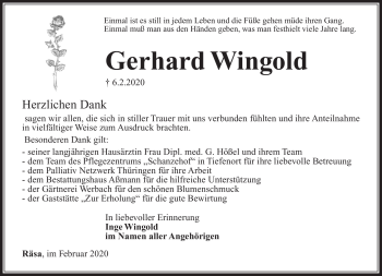 Traueranzeige von Gerhard Wingold von Südthüringer Presse