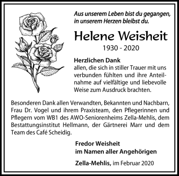 Traueranzeige von Helene Weisheit von Südthüringer Presse