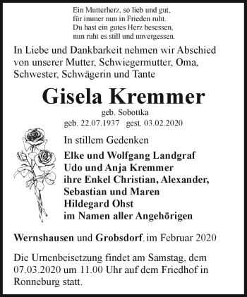 Traueranzeige von Gisela Kremmer von Südthüringer Presse