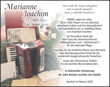 Traueranzeige von Marianne Joachim von Südthüringer Presse