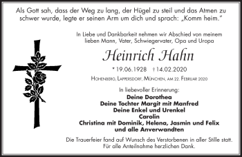 Traueranzeige von Heinrich Hahn von Frankenpost