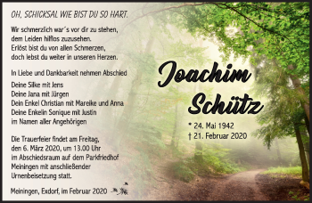 Traueranzeige von Joachim Schütz von Südthüringer Presse