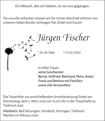 Traueranzeige von Jürgen Fischer von Südthüringer Presse