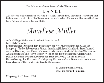 Traueranzeige von Anneliese Müller von Südthüringer Presse
