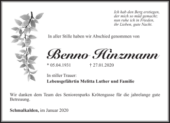 Traueranzeige von Benno Hinzmann von Südthüringer Presse