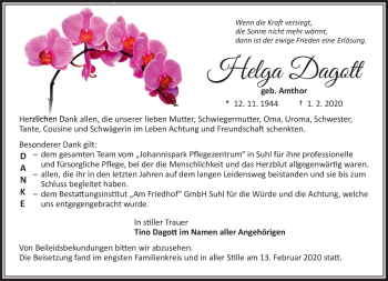 Traueranzeige von Helga Dagott von Südthüringer Presse