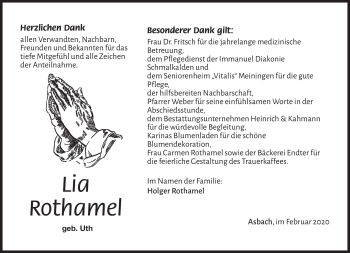 Traueranzeige von Lia Rothamel von Südthüringer Presse