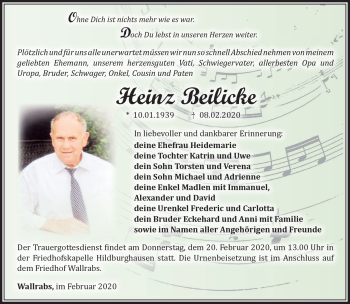 Traueranzeige von Heinz Beilicke von Südthüringer Presse