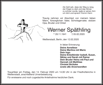 Traueranzeige von Werner Späthling von Frankenpost