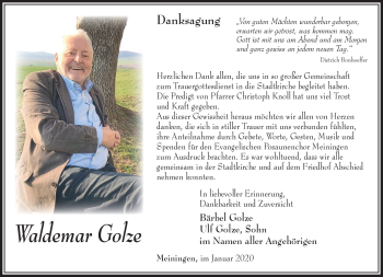 Traueranzeige von Waldemar Golze von Südthüringer Presse
