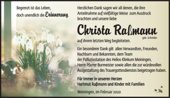 Traueranzeige von Christa Raßmann von Südthüringer Presse