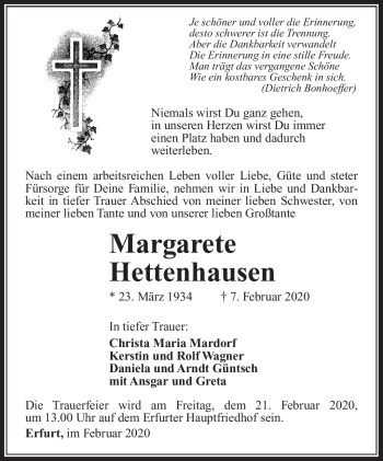 Traueranzeige von Margarete Hettenhausen von Südthüringer Presse