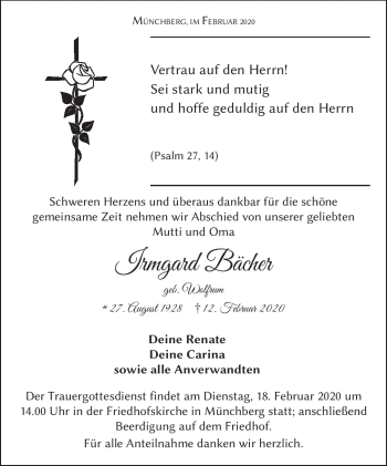 Traueranzeige von Irmgard Bächer von Frankenpost