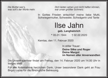 Traueranzeige von Ilse Jahn von Frankenpost