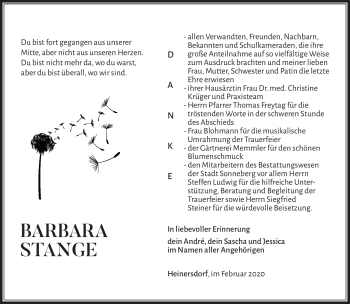 Traueranzeige von Barbara Stange von Südthüringer Presse