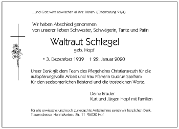 Traueranzeige von Waltraud Schlegel von Frankenpost