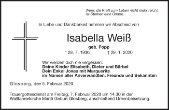 Traueranzeige von Isabella Weiß von Neue Presse Coburg