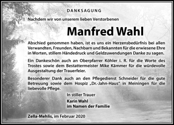 Traueranzeige von Manfred Wahl von Südthüringer Presse