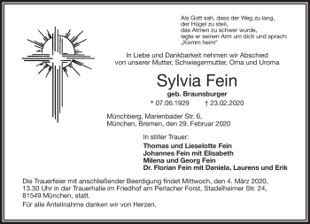 Traueranzeige von Sylvia Fein von Frankenpost