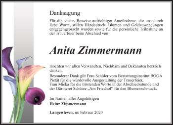 Traueranzeige von Anita Zimmermann von Südthüringer Presse