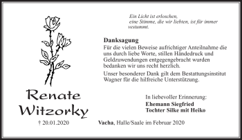 Traueranzeige von Renate Witzorky von Südthüringer Presse