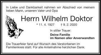 Traueranzeige von Wilhelm Doktor von Frankenpost