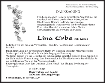 Traueranzeige von Lina Erbe von Südthüringer Presse