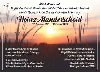 Traueranzeige von Heinz Manderscheid von Südthüringer Presse