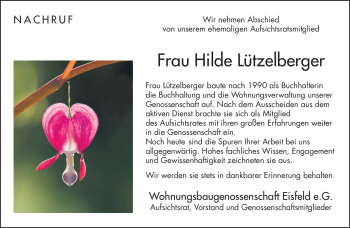 Traueranzeige von Hilde Lützelberger von Südthüringer Presse