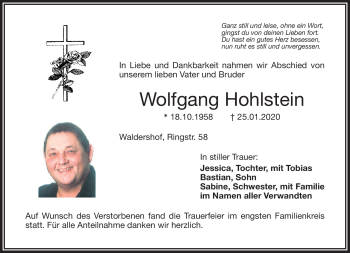 Traueranzeige von Wolfgang Hohlstein von Frankenpost