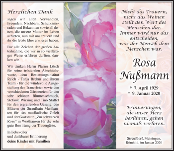 Traueranzeige von Rosa Nußmann von Südthüringer Presse