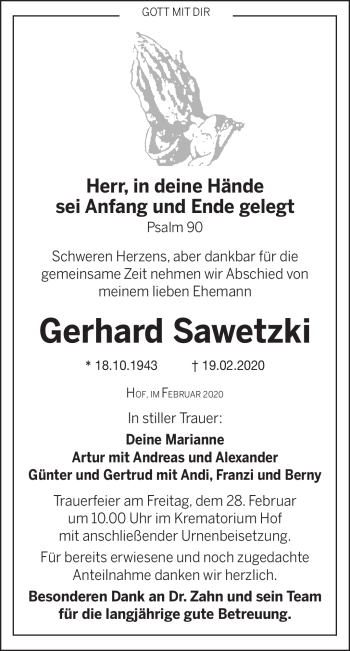 Traueranzeige von Gerhard Sawetzki von Frankenpost