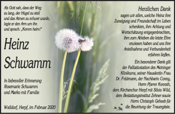 Traueranzeige von Heinz Schwamm von Südthüringer Presse