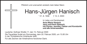 Traueranzeige von Hans-Jürgen Hanisch von Neue Presse Coburg
