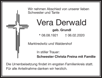 Traueranzeige von Vera Derwald von Frankenpost
