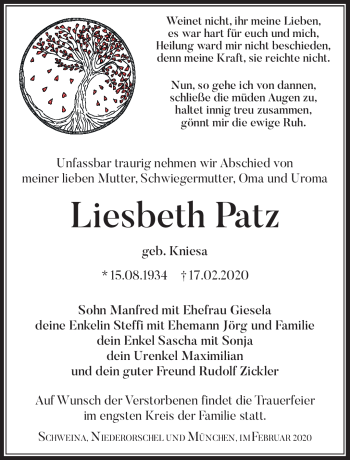 Traueranzeige von Liesbeth Patz von Südthüringer Presse