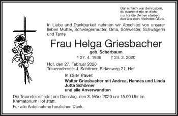 Traueranzeige von Helga Griesbacher von Frankenpost