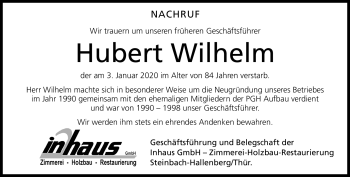 Traueranzeige von Hubert Wilhelm von Südthüringer Presse