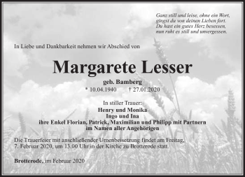 Traueranzeige von Margarete Lesser von Südthüringer Presse