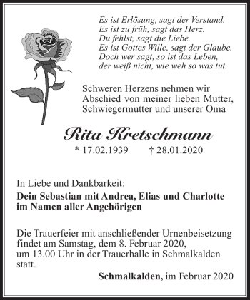 Traueranzeige von Rita Kretschmann von Südthüringer Presse