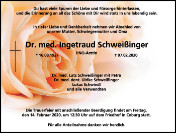 Traueranzeige von Ingetraud Schweißinger von Neue Presse Coburg