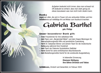 Traueranzeige von Gabriela Barthel von Südthüringer Presse