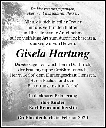Traueranzeige von Gisela Hartung von Südthüringer Presse