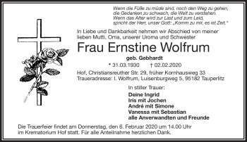 Traueranzeige von Ernstine Wolfrum von Frankenpost