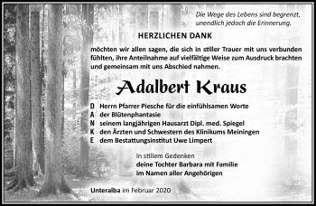 Traueranzeige von Adalbert Kraus von Südthüringer Presse