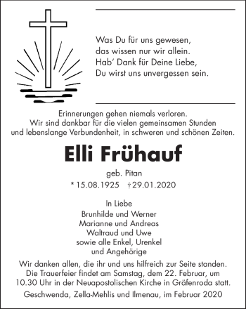 Traueranzeige von Elli Frühauf von Südthüringer Presse